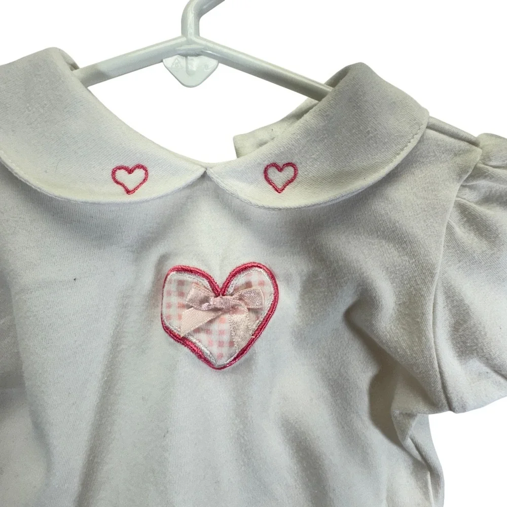Vintage Y2K Heart Embroidery Bodysuit Kids 6-9M Gingham Trim Cotton Girly Summer
